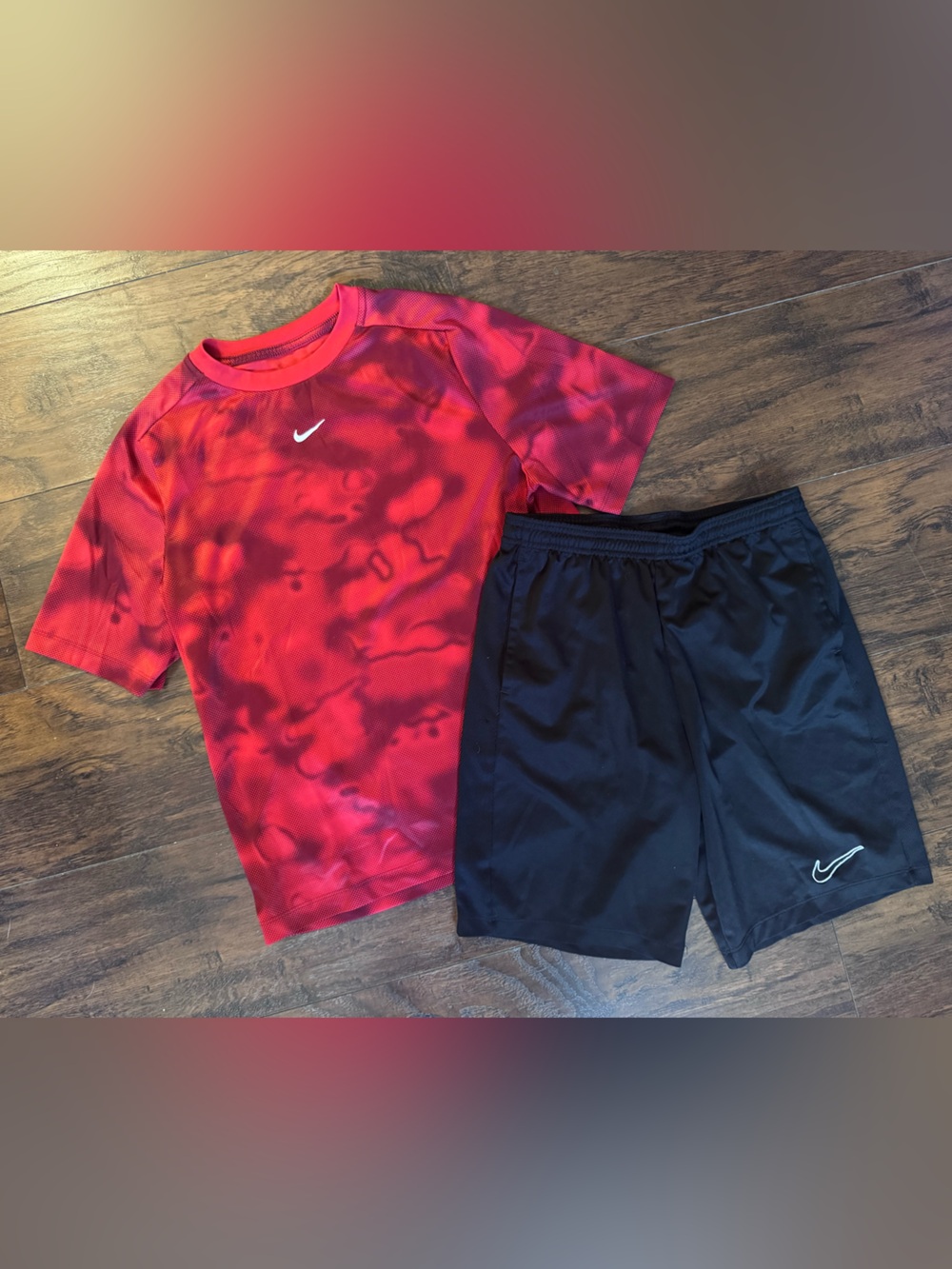 Nike Red Tie-Dye Performance Tee with Black Athletic Shorts